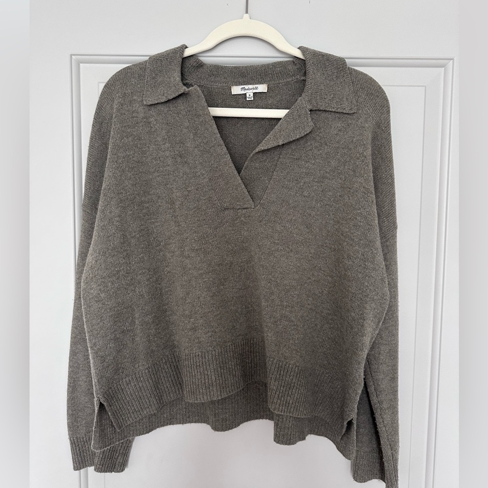 Madewell Wool-Blend Sage/Grey V-Neck Collared Sweater, Size Medium